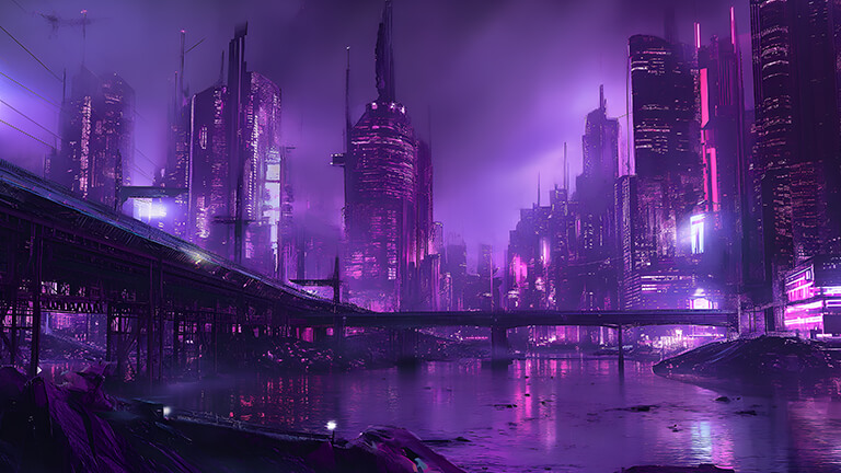 neon purple cityscape desktop wallpaper cover