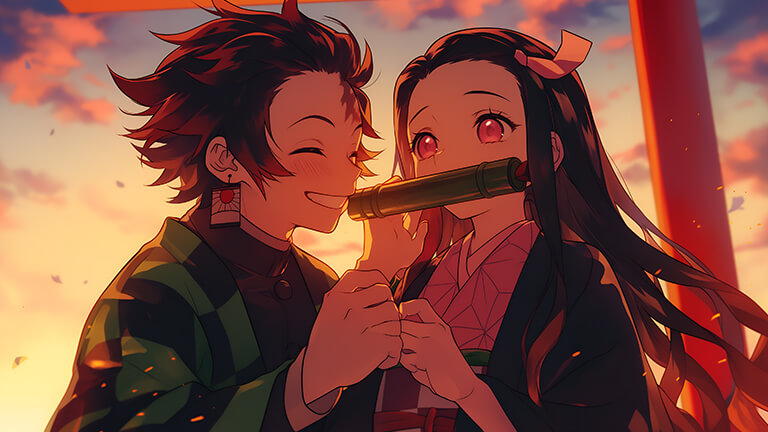 Nezuko et Tanjiro sur la couverture de fond d’écran coucher de soleil