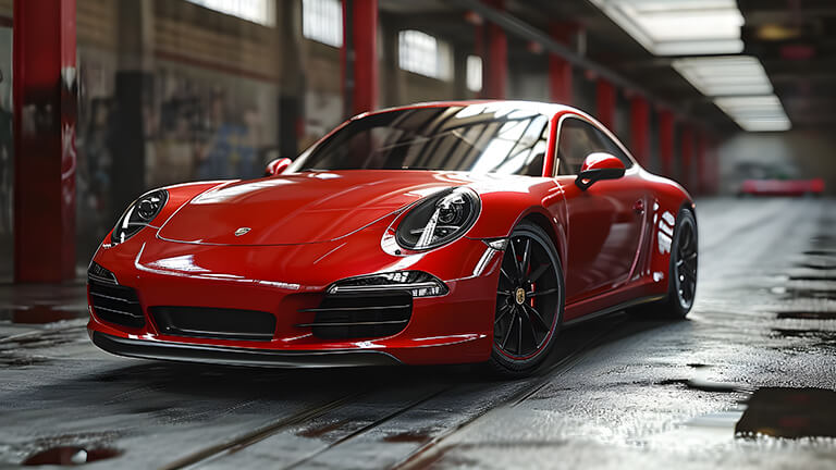 Porsche 911 rouge dans le parking Couverture de fond d’écran