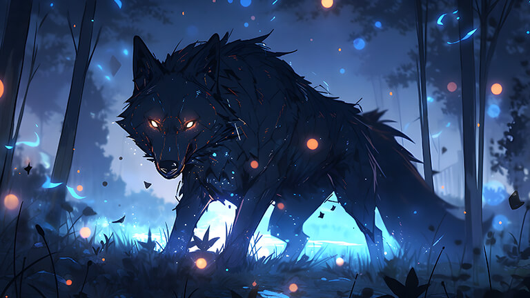 scary black wolf in magic forest desktop wallpaper cover