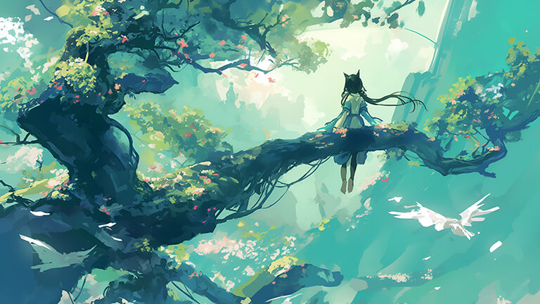 anime girl on tree green desktop wallpaper cover