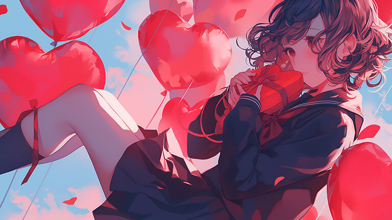 chica anime con globos en forma de corazón cubierta de fondo de escritorio