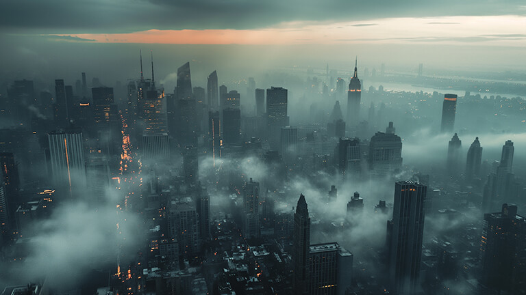 Cubierta de fondo de escritorio de paisaje urbano en niebla