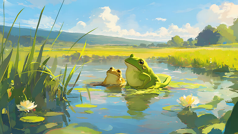 frogs in stream painting desktop wallpaper cover