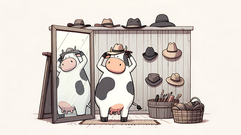 Divertida vaca probando sombreros Cubierta de fondo de escritorio