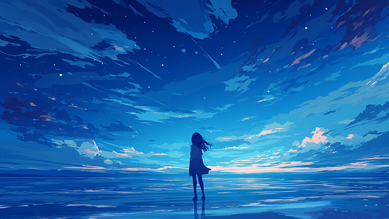 lonely anime girl dark blue desktop wallpaper cover