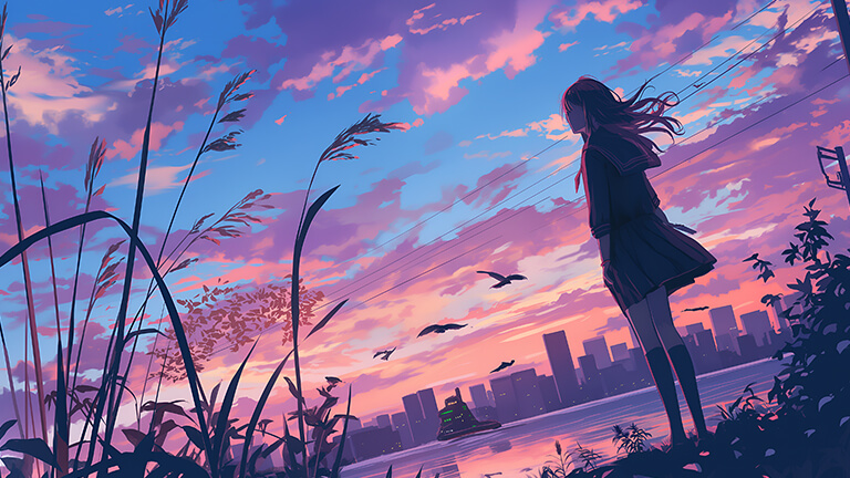 pink sunset anime girl desktop wallpaper cover