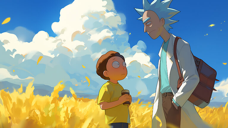 rick and morty in field desktop wallpaper cover