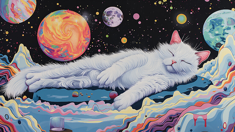 trippy cat in space desktop wallpaper cover