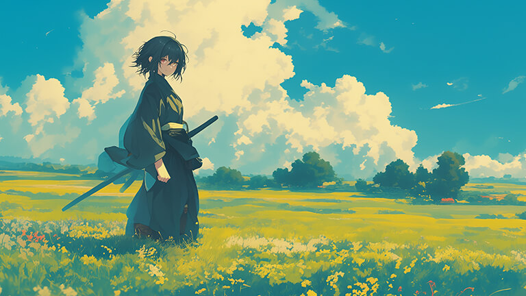 Anime garçon samouraï dans la couverture de fond d’écran de bureau sur le terrain