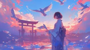 Anime Girl with Birds Sunset Desktop Wallpaper - Anime Wallpaper