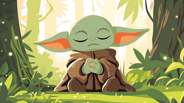 Baby Yoda méditant Couverture de fond d’écran de dessin animé