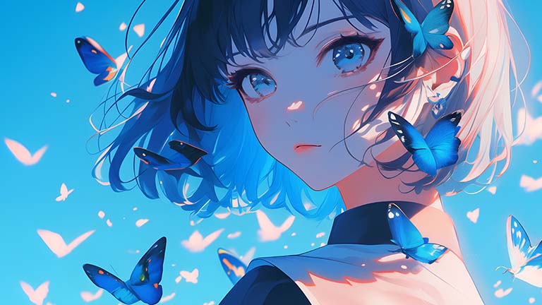 beautiful anime girl blue butterflies desktop wallpaper cover
