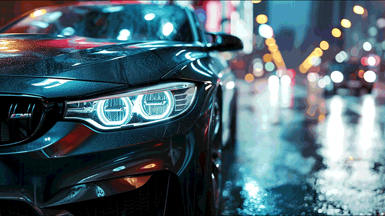 BMW on Street In Rain GIF Cubierta de fondo de escritorio