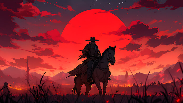 cowboy on horse red moon desktop wallpaper cover