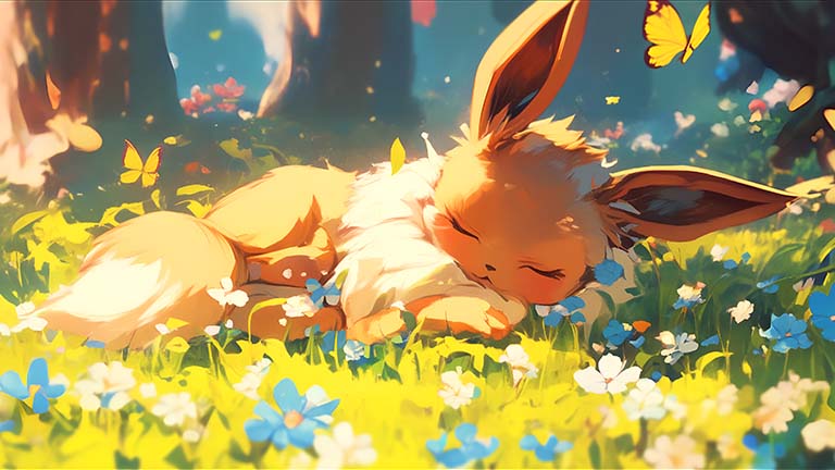 eevee sleeping in flowers pokemon cover desktop wallpaper