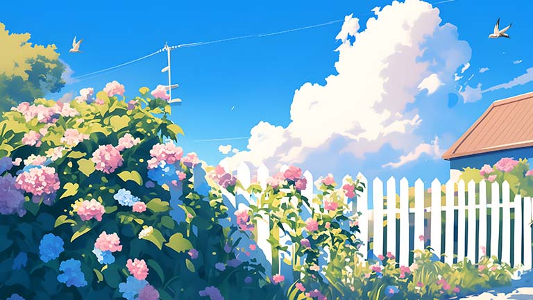flowers house fence summer aesthetic desktop wallpaper cover