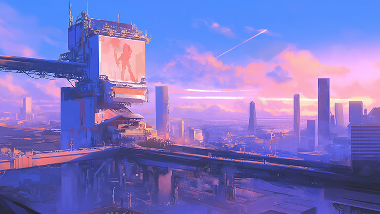 future cityscape purple desktop wallpaper cover