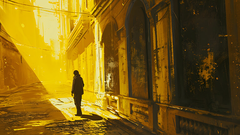Homme solitaire sur la vieille rue jaune esthétique fond d’écran couverture