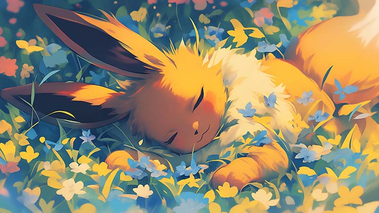 Pokemon Eevee Durmiendo en Flores Arte Cubierta de fondo de escritorio