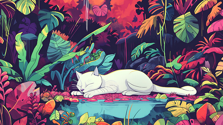 sleeping cat in jungle trippy desktop wallpaper cover