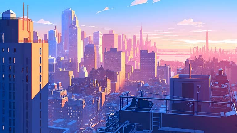 aesthetic cityscape sunrise rooftop desktop wallpaper cover