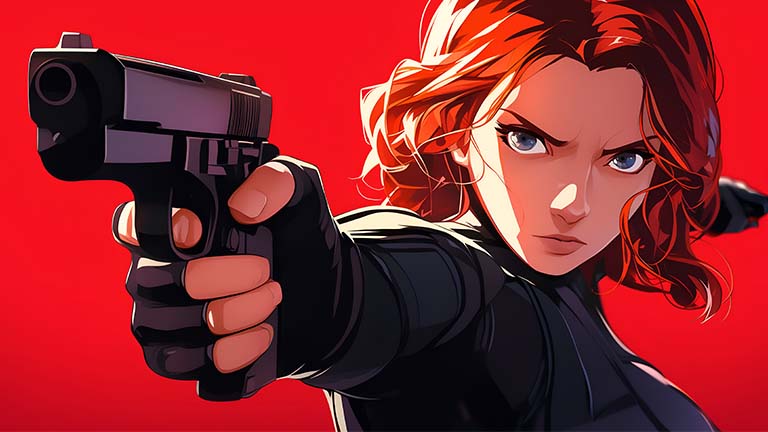 black widow aiming gun desktop wallpaper cover
