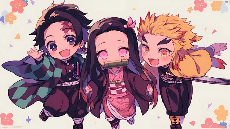 chibi demon slayer characters desktop wallpaper cover