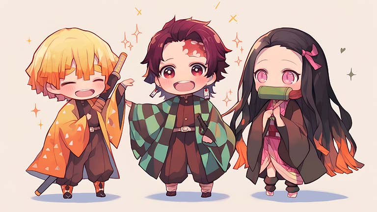 chibi demon slayer trio desktop wallpaper cover