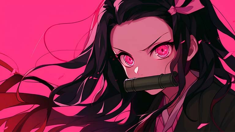 Demon Slayer Nezuko Pink Eyes Wallpaper - Download in HD & 4K