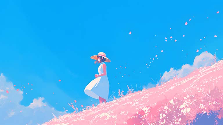 girl pink field spring aesthetic desktop wallpaper cover