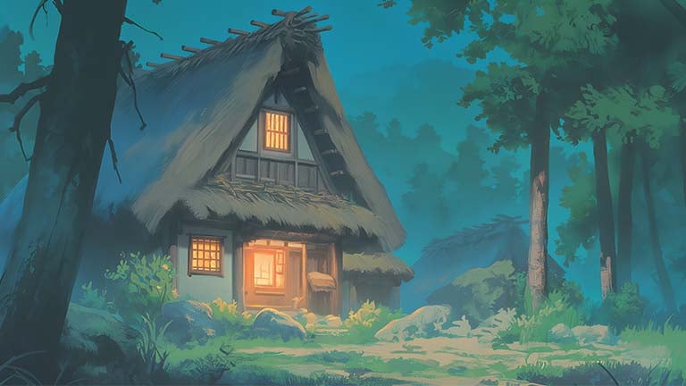 studio ghibli hut in the forest background cover