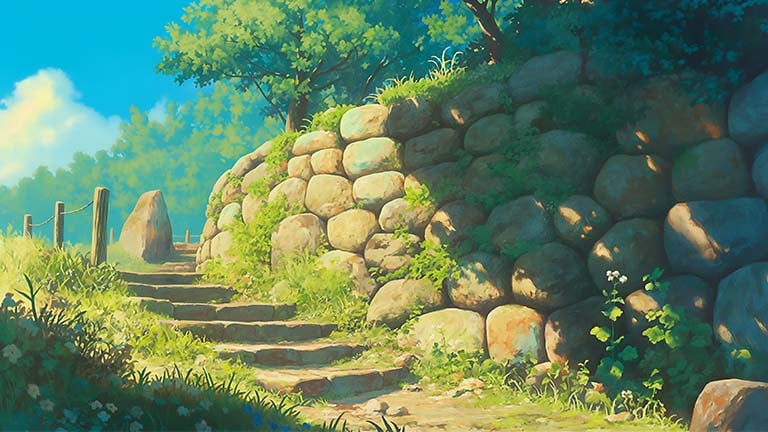 studio ghibli stone path background cover