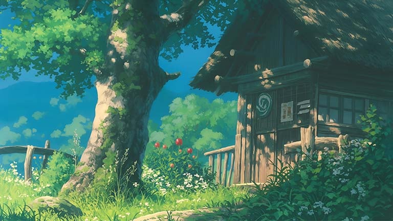 studio ghibli sunny hut background cover