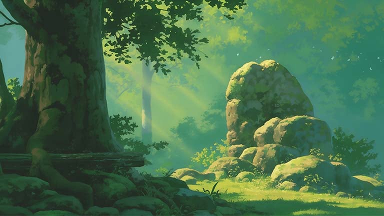 studio ghibli tree and rocks background cover