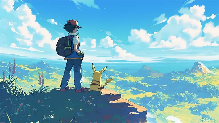 ash pikachu mountain view background cover