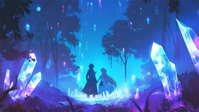 asuna kirito crystal forest sword art online desktop wallpaper cover