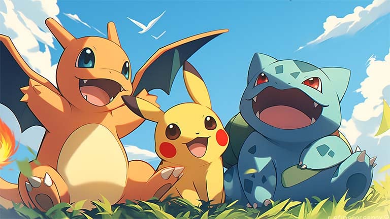 cute charizard pikachu bulbasaur pokemon trio desktop wallpaper cover
