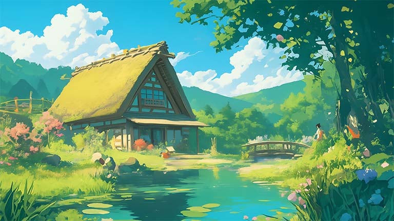 ghibli cottage in nature desktop wallpaper cover