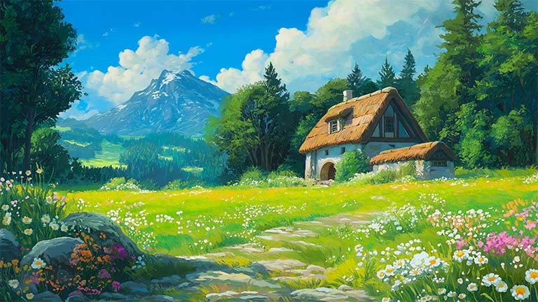 ghibli mountain cottage desktop wallpaper cover