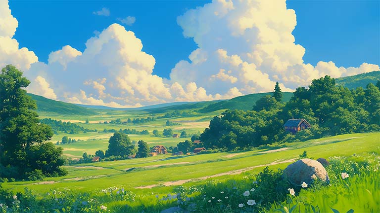 Ghibli Peaceful Valley Landscape Desktop Wallpaper - Download 4K