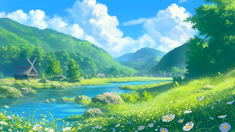 ghibli river valley scenic desktop wallpaper cover