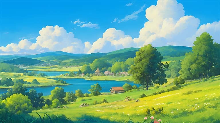 ghibli studio river village desktop wallpaper cover