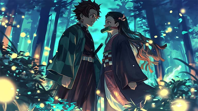 nezuko tanjiro amazing night forest desktop wallpaper cover