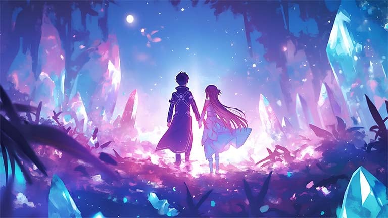 sao asuna and kirito magical glow desktop wallpaper cover