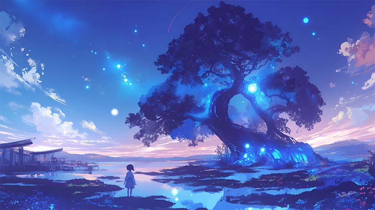 spirit tree serene night aesthetic desktop wallpaper cover