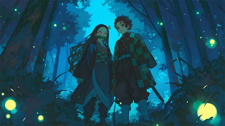 tanjiro nezuko forest demon slayer desktop wallpaper cover
