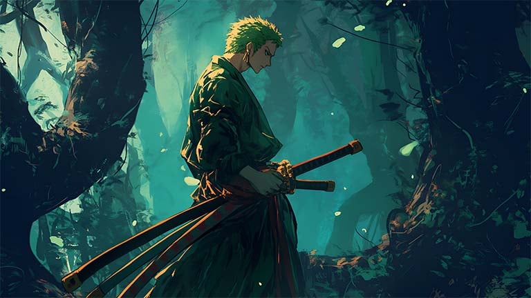 zoro one piece forest night scene desktop wallpaper cover