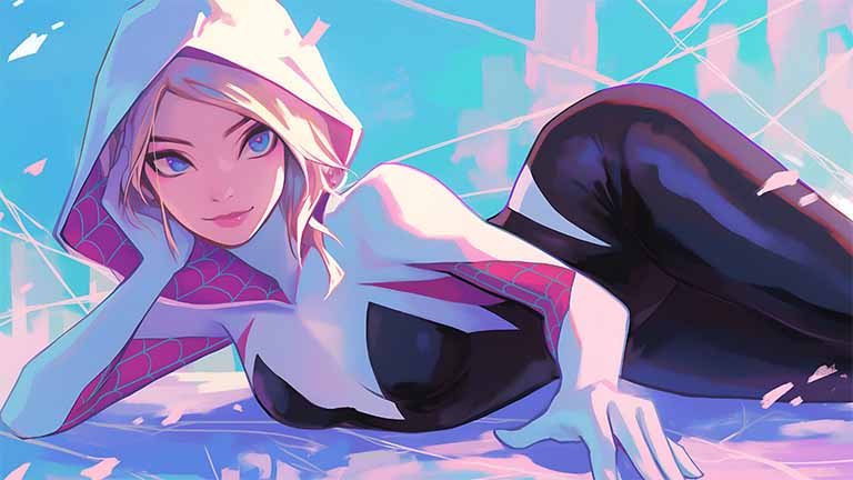 spider gwen laying webs desktop wallpaper cover
