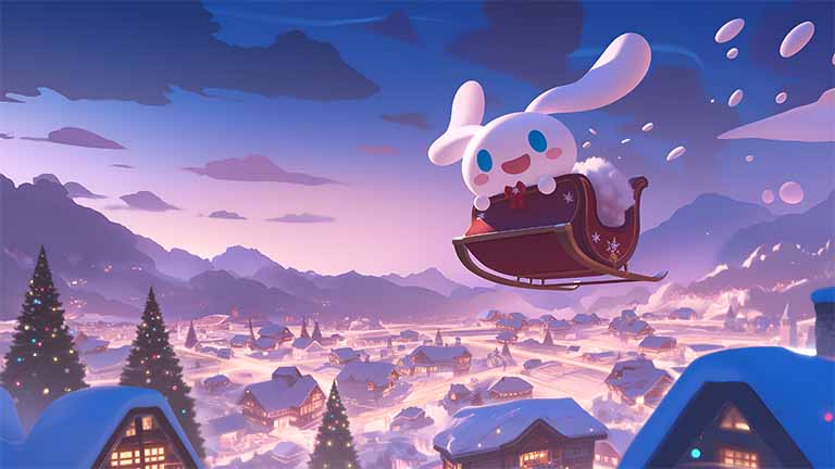 cinnamoroll snowy town sleigh christmas scene desktop wallpaper cover